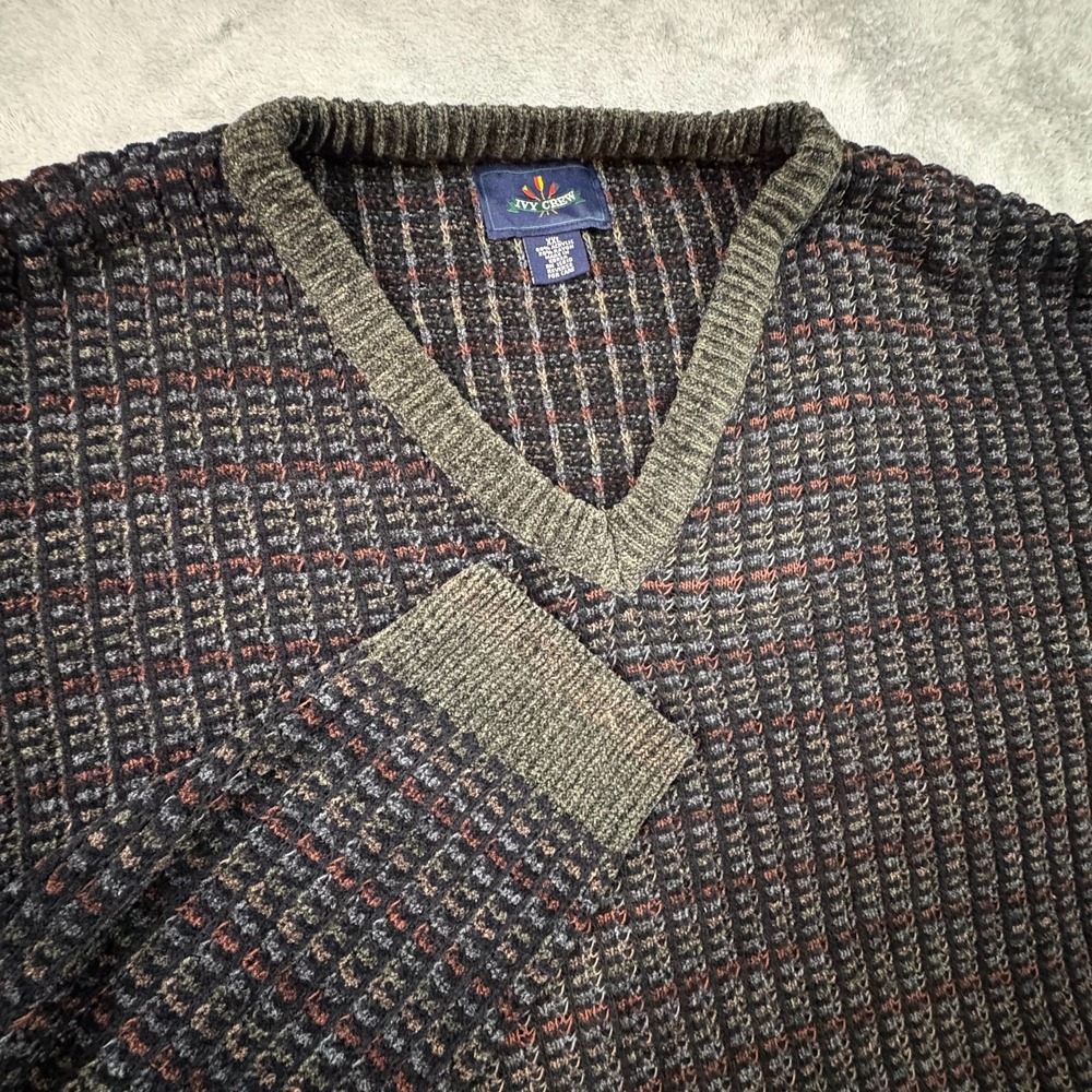 VTG 90s Ivy Crew Men's 2XL Textured Knit V-Neck Sweater Earth Tone Grandpa Korea